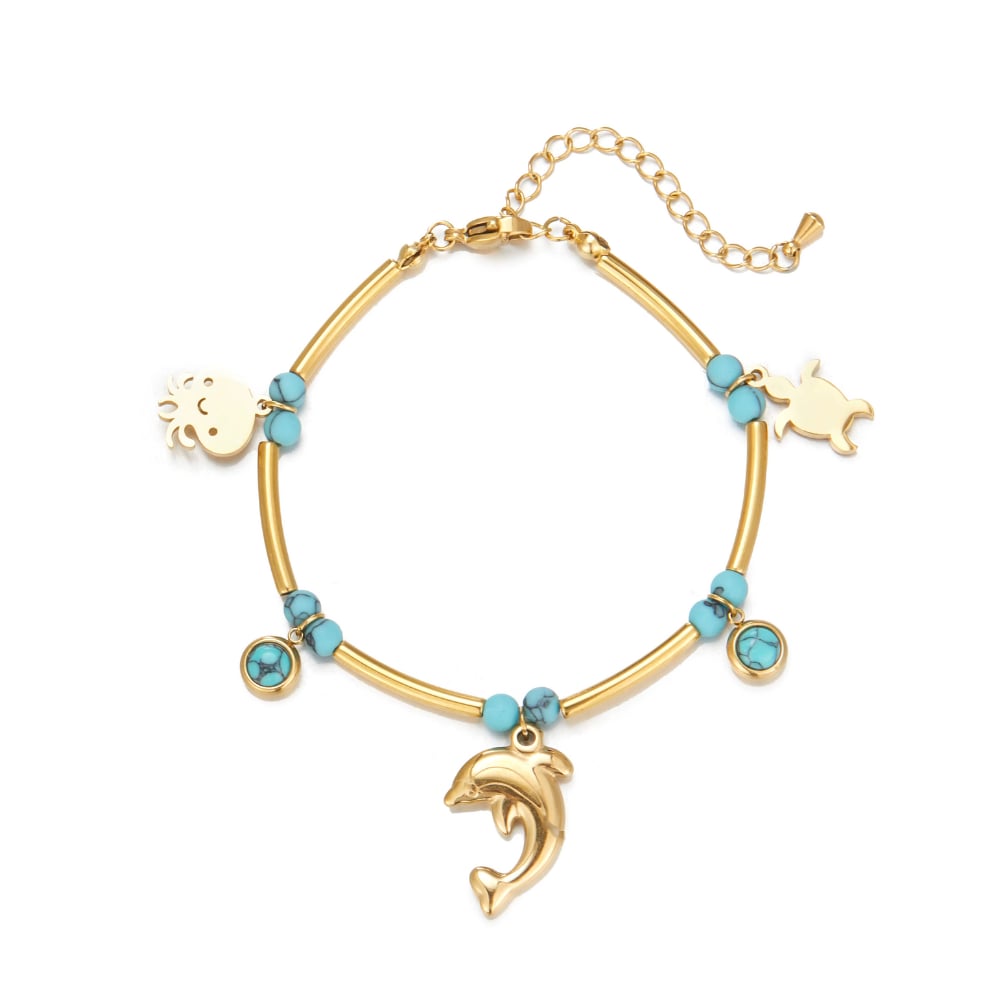 Gold-tone turquoise bead bracelet with dolphin, cat, heart charms and lobster clasp