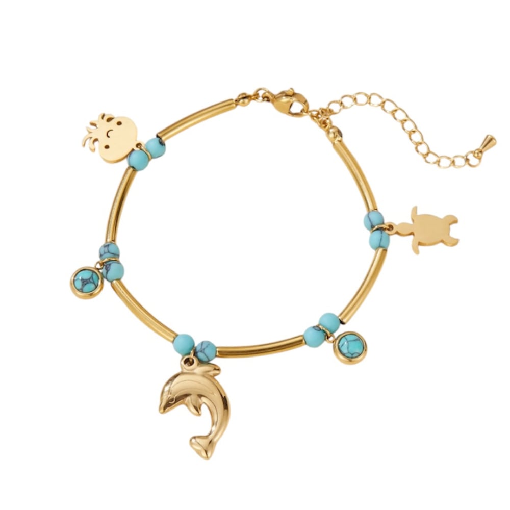 Gold-tone turquoise bead bracelet with dolphin charm, cat charm, and round crystal-like beads