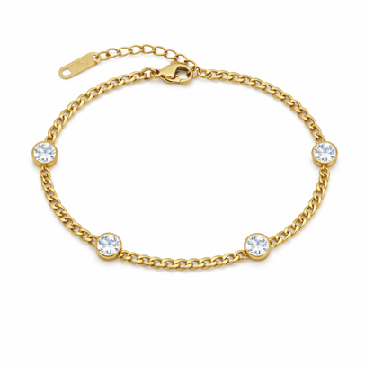 Gold bezel link bracelet with round clear-stone settings and toggle clasp