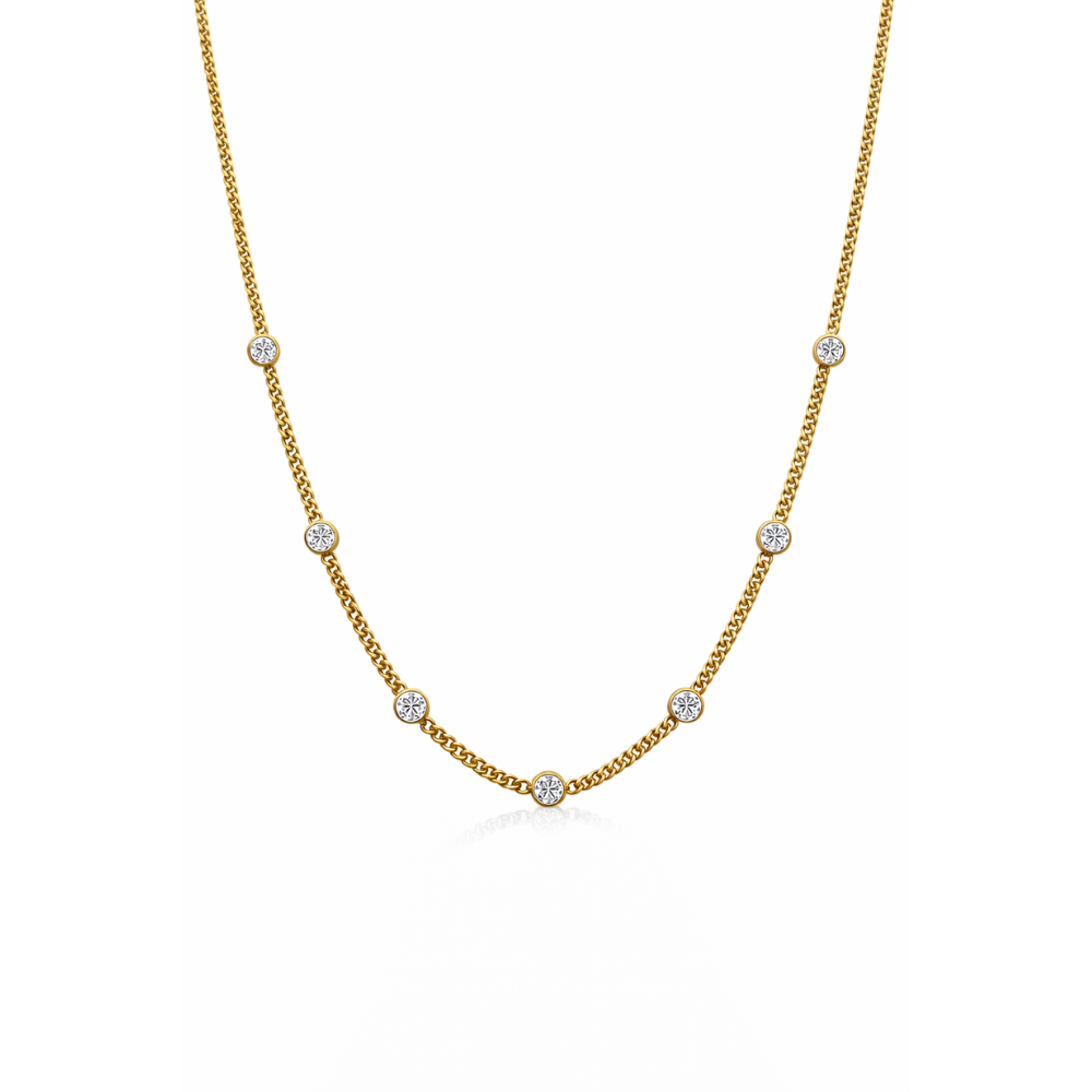 Gold link necklace with bezel-set round stones, five-link chain