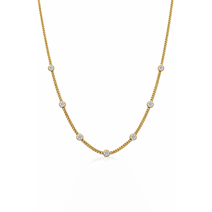 Gold link necklace with bezel-set round stones, five-link chain