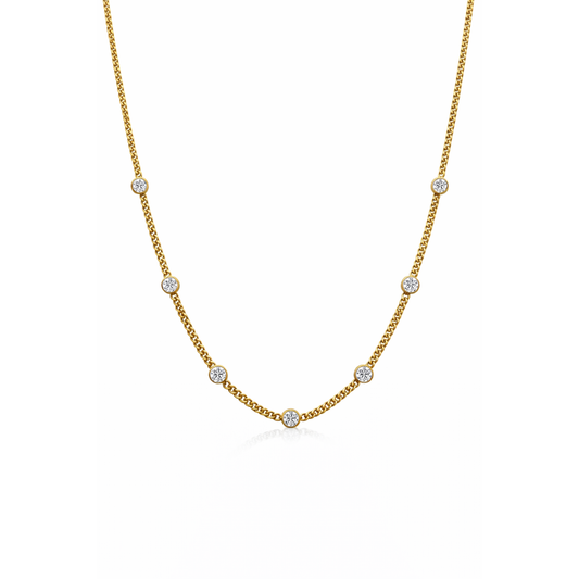 Gold link necklace with bezel-set round stones, five-link chain