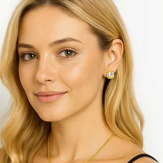 Serena Halo gold stud earring with round clear stones on a model's ear