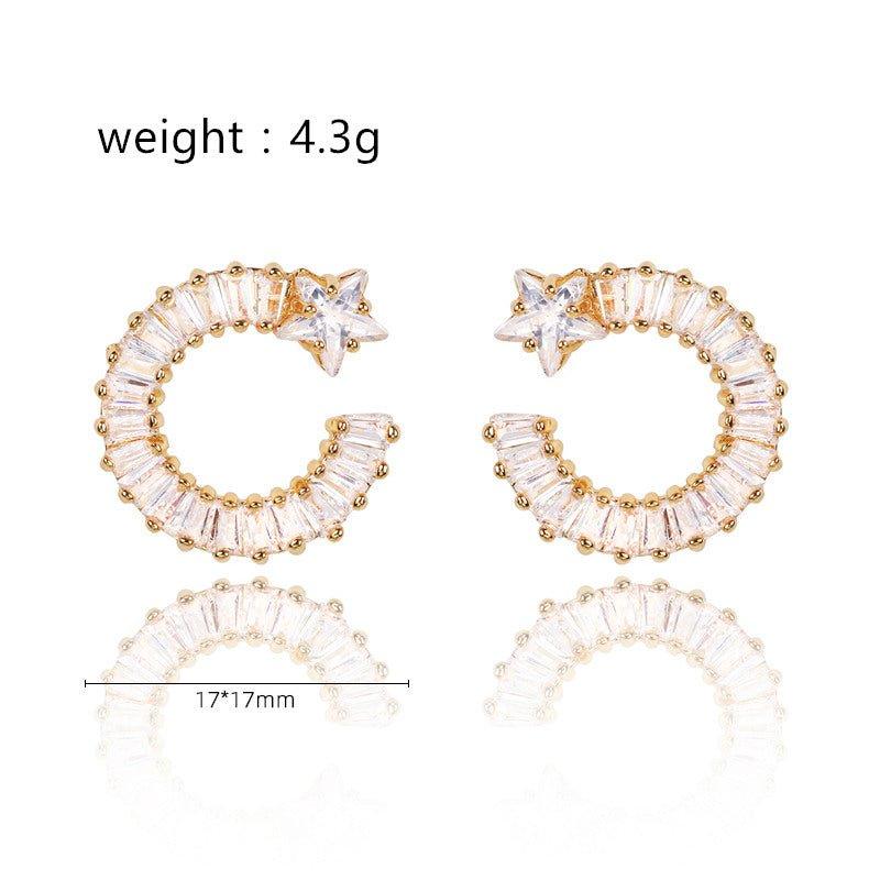 Gold shooting star hoop earrings; 17x17mm, white cubic zirconia stones