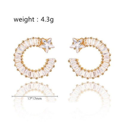 Gold shooting star hoop earrings; 17x17mm, white cubic zirconia stones