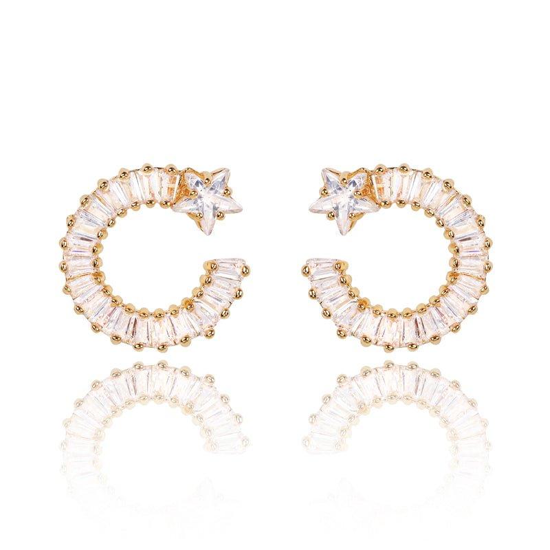 Gold shooting star hoop earrings with clear white cubic zirconia stones