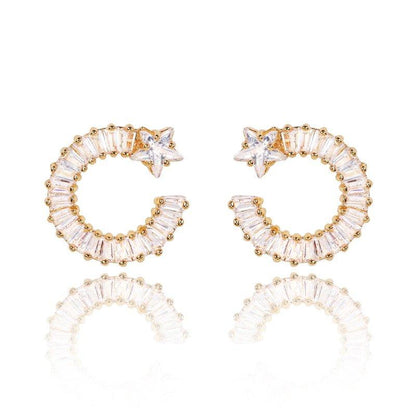 Gold shooting star hoop earrings with clear white cubic zirconia stones
