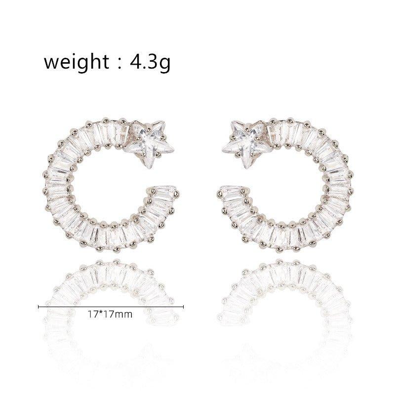 Silver shooting star hoop earrings; 17x17mm, white cubic zirconia stones
