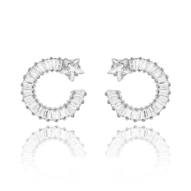 Silver shooting star hoop earrings with clear white cubic zirconia stones