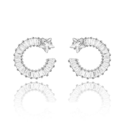 Silver shooting star hoop earrings with clear white cubic zirconia stones
