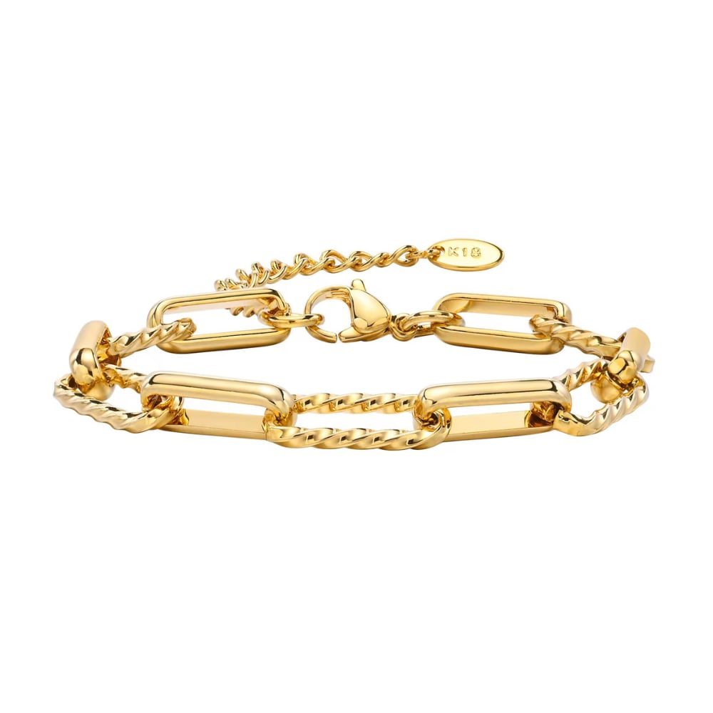 Gold paperclip chain bracelet, bar links with oval adjustment tag, flat lay