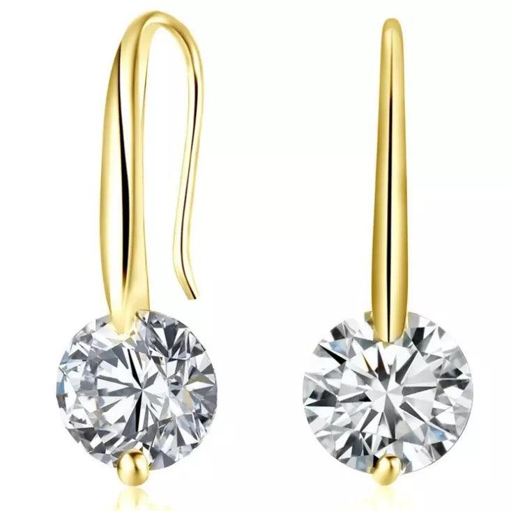 Gold drop earrings with round cubic zirconia cluster, dangle hooks
