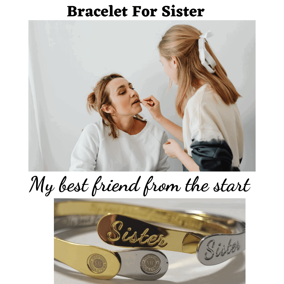 Gold and silver sister bangle bracelets with engraved script 'Sister' and seal medallions