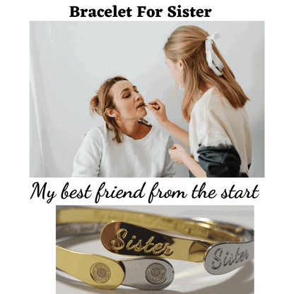 Gold and silver sister bangle bracelets with engraved script 'Sister' and seal medallions