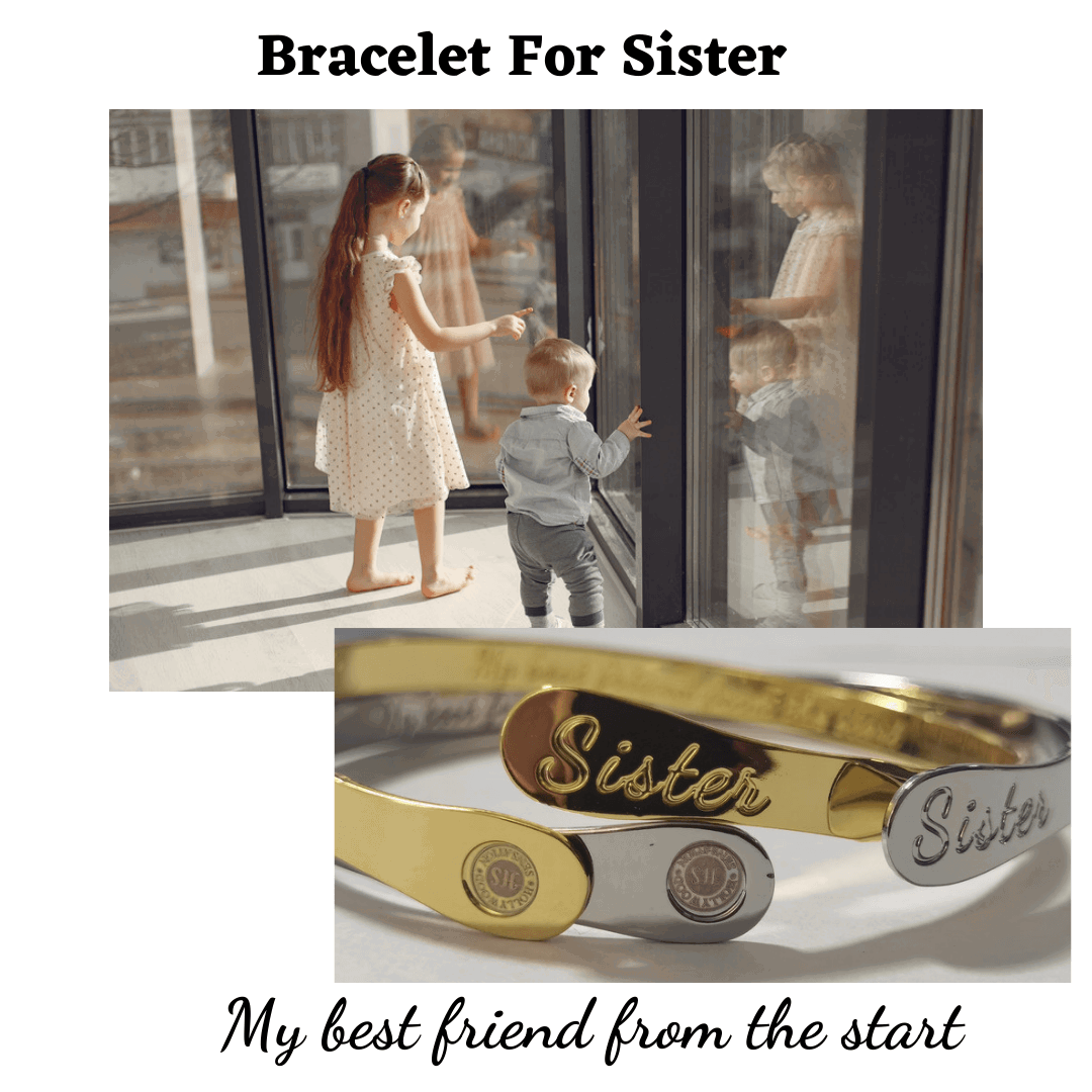 Gold engraved sister bracelet bangle with oval script charm and round seal detail