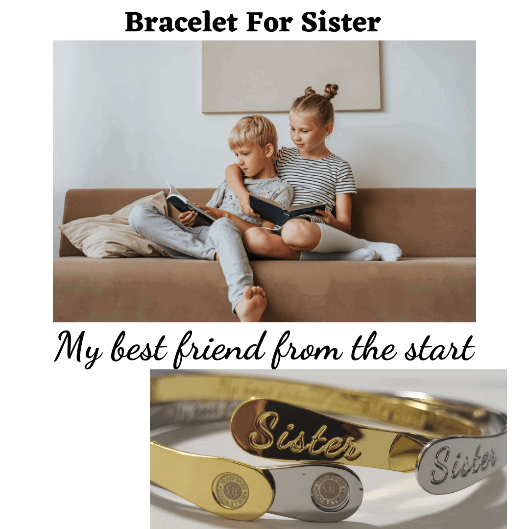 Gold and silver engraved sister bracelets, two bangles with script 'Sister' panels