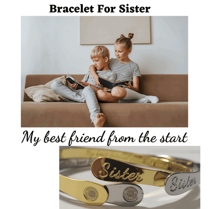 Gold and silver engraved sister bracelets, two bangles with script 'Sister' panels