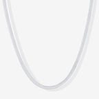 Silver snake chain necklace, close-up of smooth linked links.