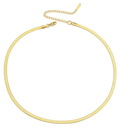 Gold snake chain necklace with clasp, slim profile and fine link texture