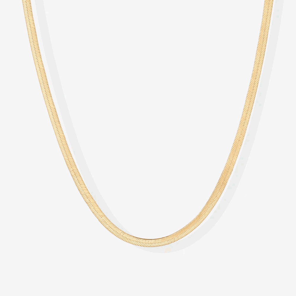 Gold snake chain necklace with smooth, slender curved links