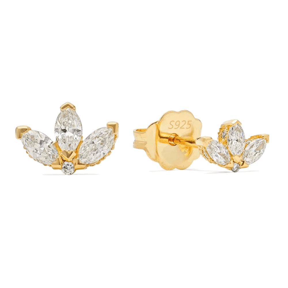 Gold blossom stud earrings with clear cubic zirconia petals and teardrop center