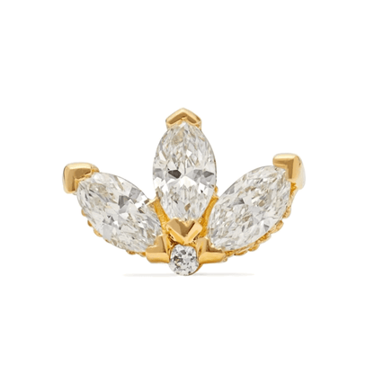 Gold blossom stud earrings with three cubic zirconia leaf petals and center stone