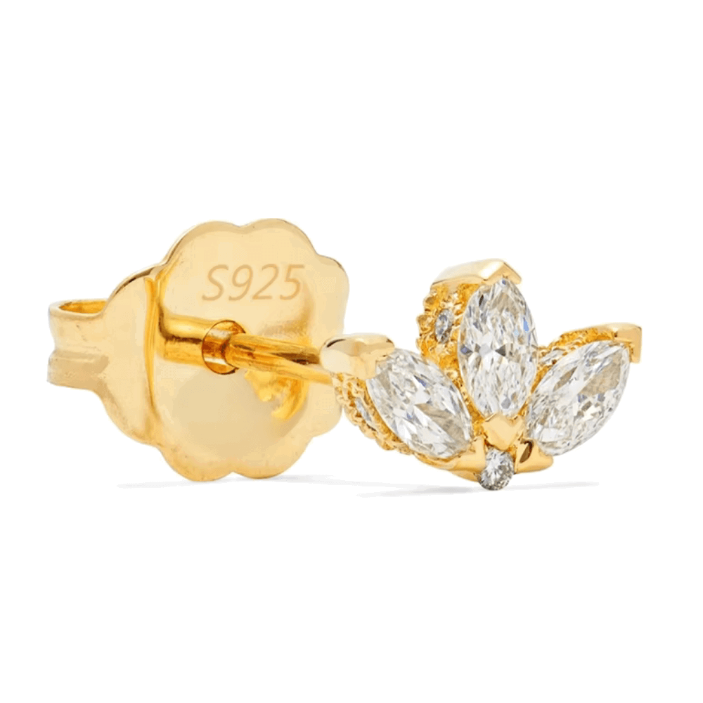 Gold cubic zirconia blossom stud earrings, back marked S925