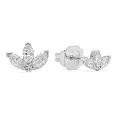 Silver blossom stud earrings with clear cubic zirconia petals and teardrop center