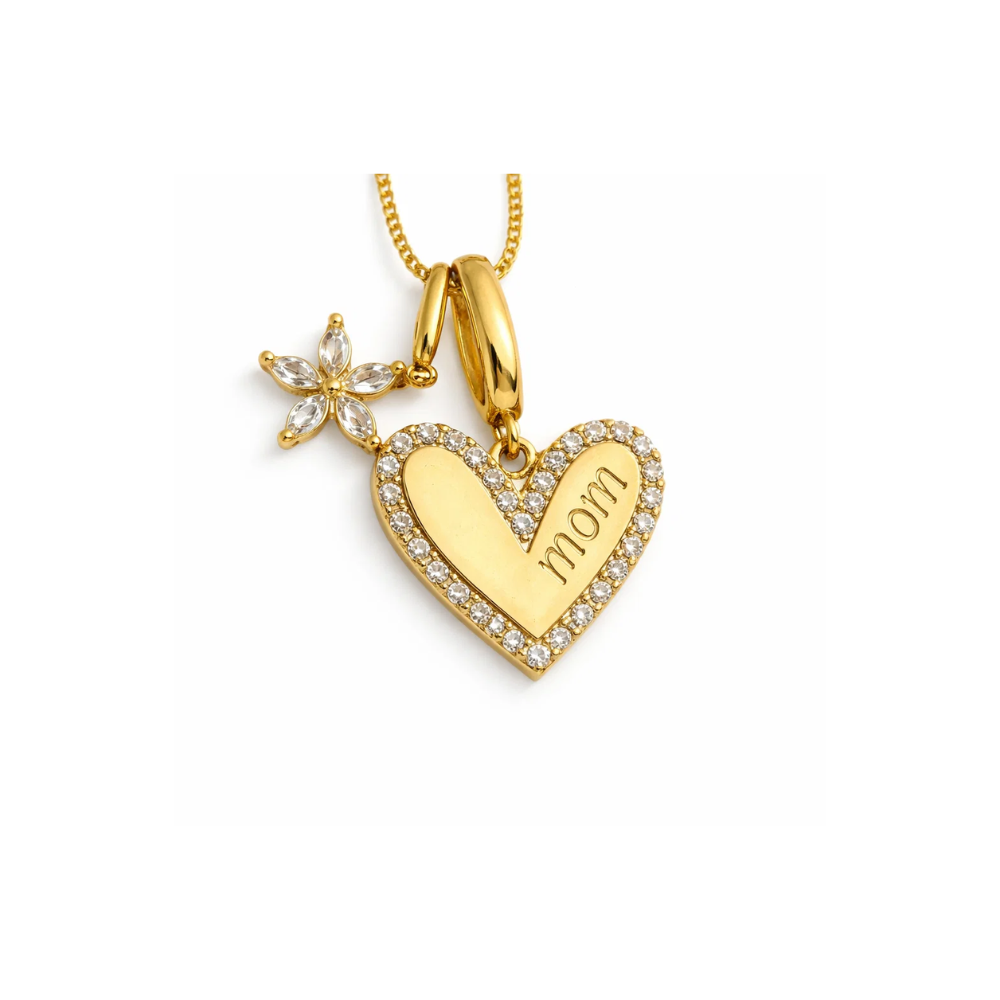 Gold necklace with pavé heart MOM pendant and floral charm