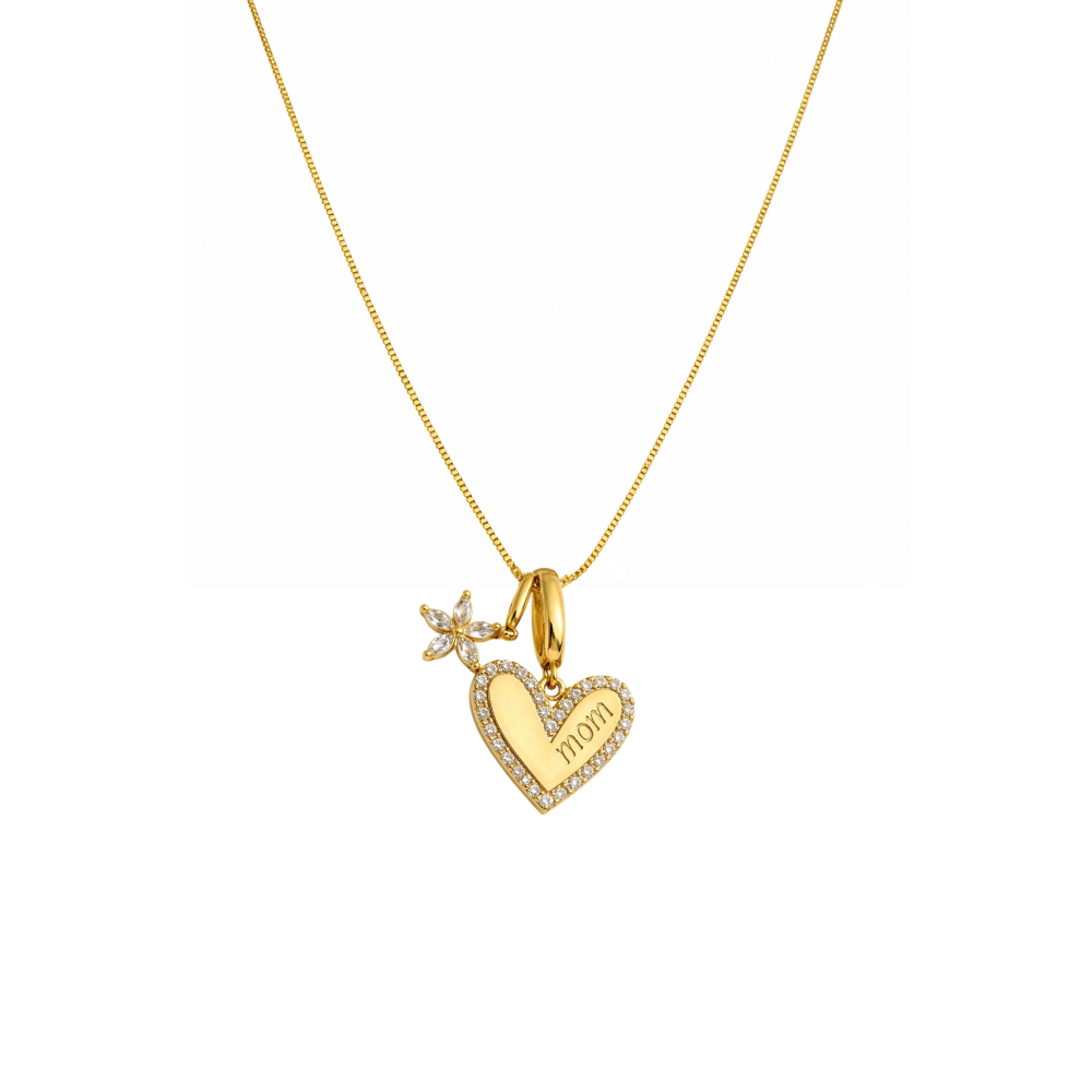 Gold necklace with pavé heart, floral charm, and MOM pendant