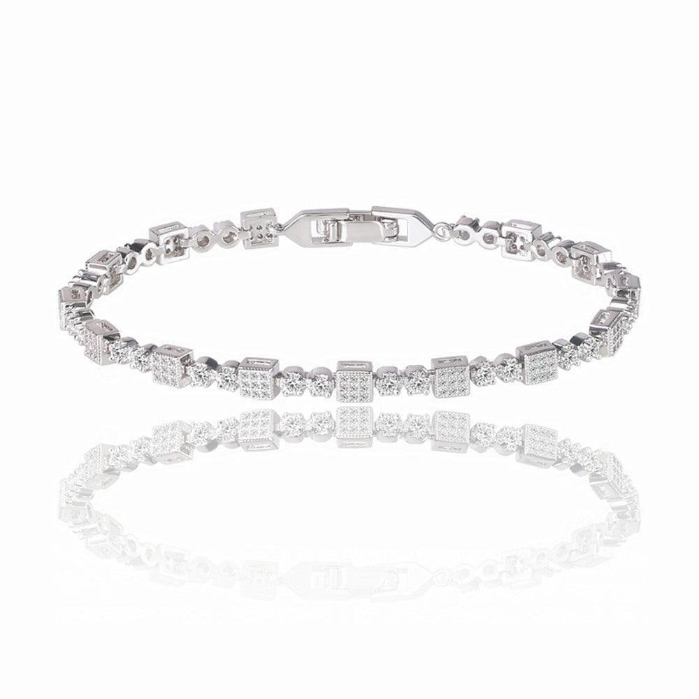 Square tennis bracelet with white cubic zirconia stones and hinged clasp, silver tone