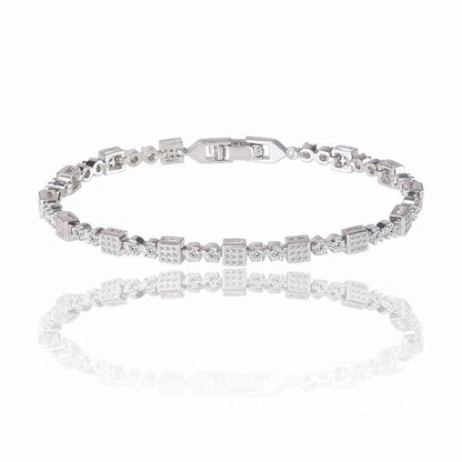 Square tennis bracelet with white cubic zirconia stones and hinged clasp, silver tone