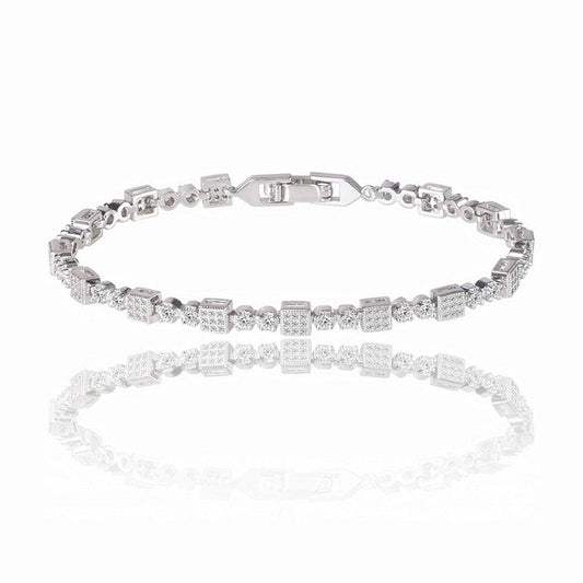 Square tennis bracelet with white cubic zirconia stones and hinged clasp, silver tone