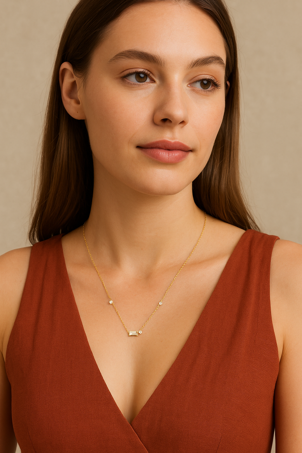 Gold tone cubic zirconia necklace on model with emerald-cut center and three round stones