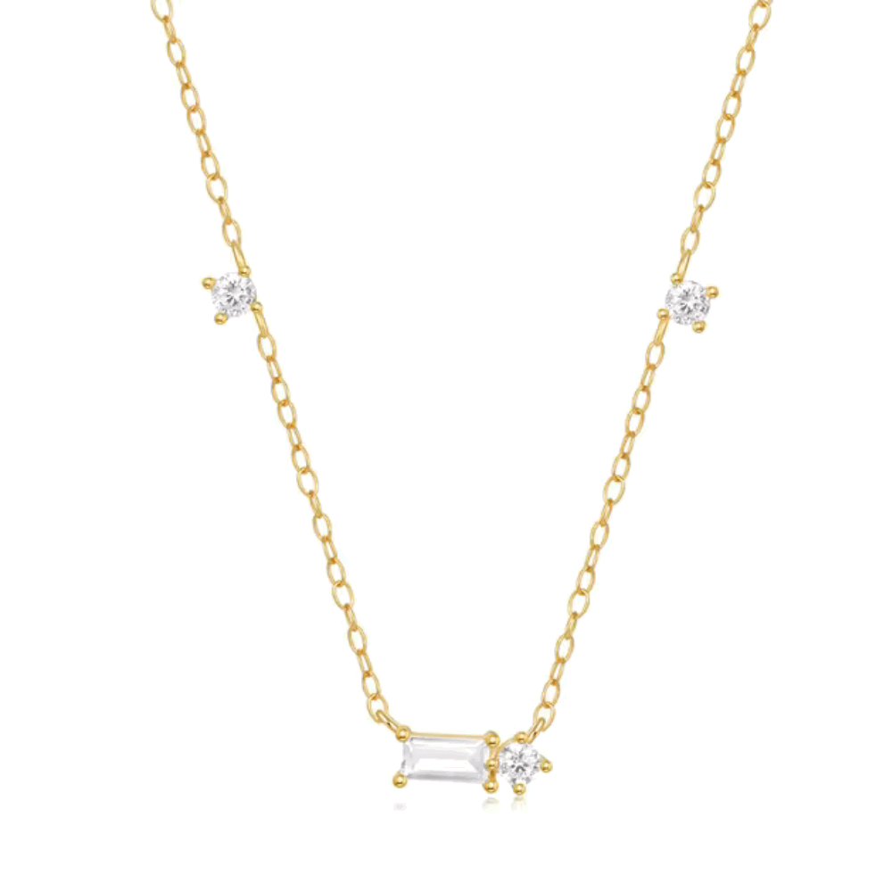 Gold tone delicate necklace with three round and one emerald-cut cubic zirconia pendant