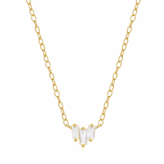 Gold-tone necklace with three emerald-cut cubic zirconia stones, delicate chain