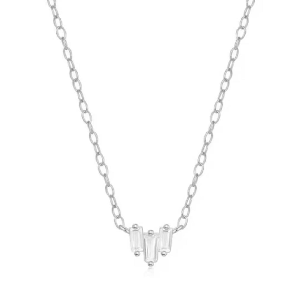 Silver-tone necklace with three emerald-cut cubic zirconia stones, delicate chain