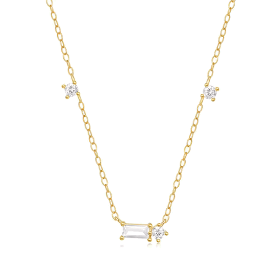 Gold tone delicate necklace with three round and one emerald-cut cubic zirconia pendant