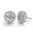 Cubic zirconia halo stud earrings with round clear stones, silver-tone
