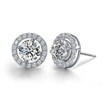 Cubic zirconia halo stud earrings with round clear stones, silver-tone