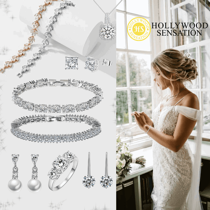 Silver-tone cubic zirconia tennis bracelet with repeating round stones, shown at angle.