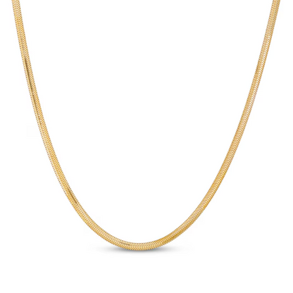 Gold snake chain necklace close-up, continuous curved chain