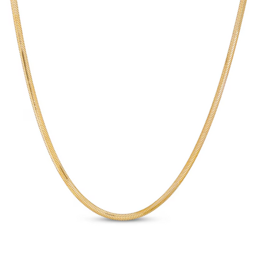 Gold snake chain necklace close-up, continuous curved chain