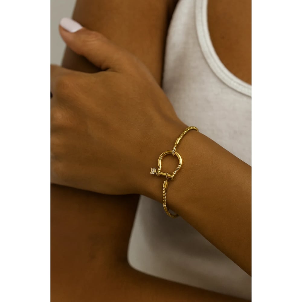 Gold bracelet on arm with silver horseshoe carabiner clasp and small clasp details.