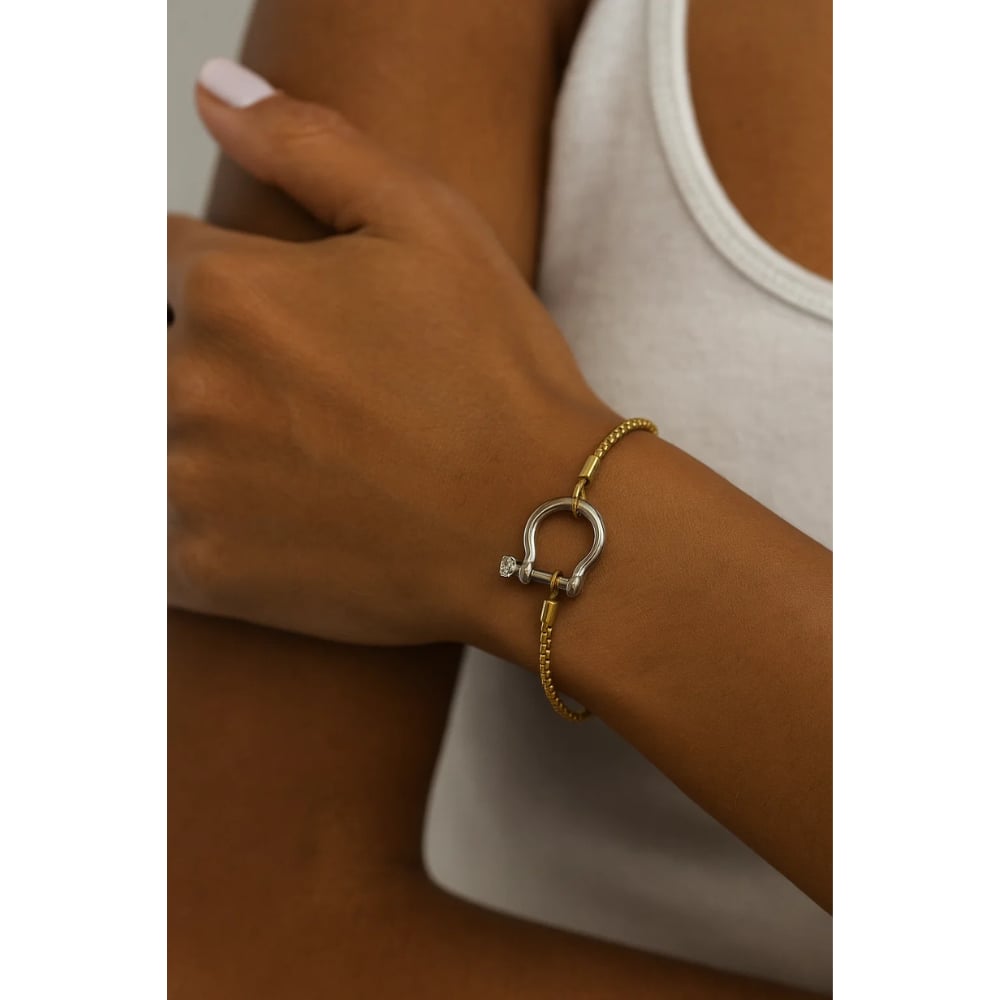 Gold bracelet with silver horseshoe carabiner clasp worn on arm.