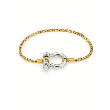 Two-tone bracelet: gold bead chain with silver horseshoe carabiner clasp and gold connector.