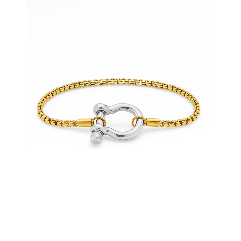 Two-tone bracelet on white: silver bead chain with gold and silver horseshoe carabiner.