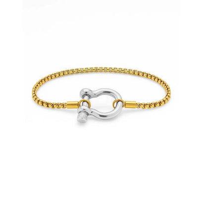 Two-tone bracelet on white: silver bead chain with gold and silver horseshoe carabiner.