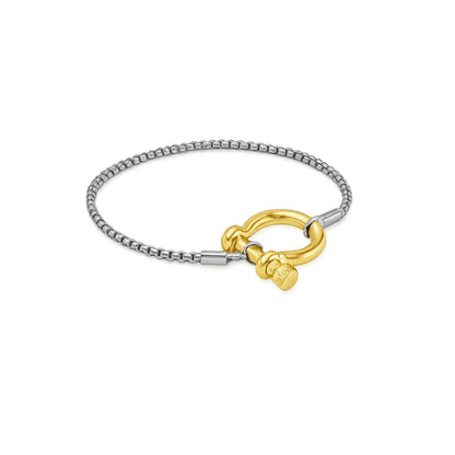 Two-tone bracelet: silver bead chain with gold horseshoe carabiner clasp on links.