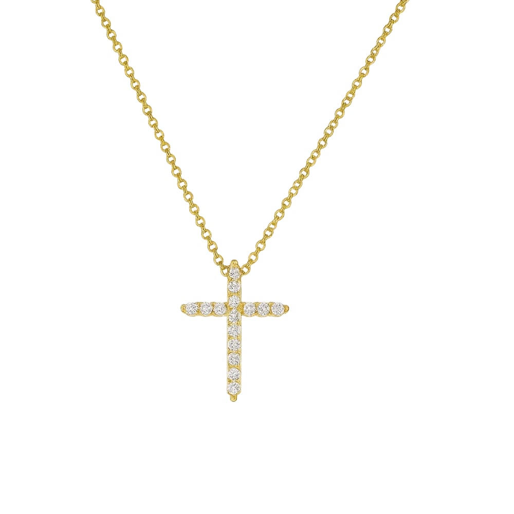 Gold-tone necklace with cross pendant set with clear CZ stones on a chain